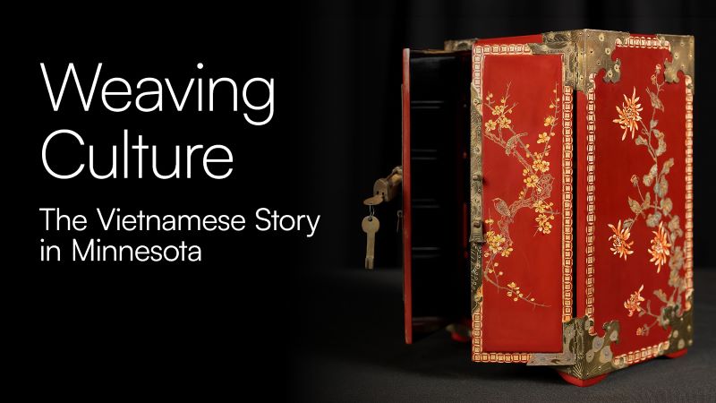 text: "Weaving Culture: The Vietnamese Story in Minnesota" image: a red box with yellow flowers painted on it