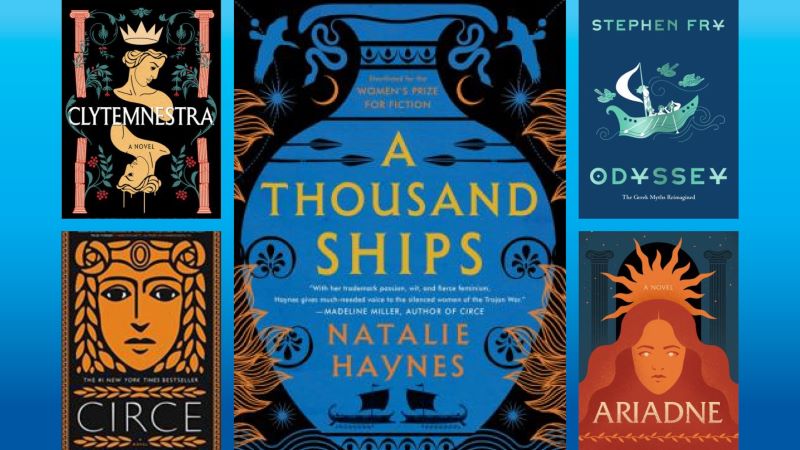 an image of five book covers including The Odyssey and Natalie Haynes's A Thousand Ships.