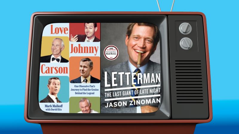 A vintage TV set showing images of books about late night TV