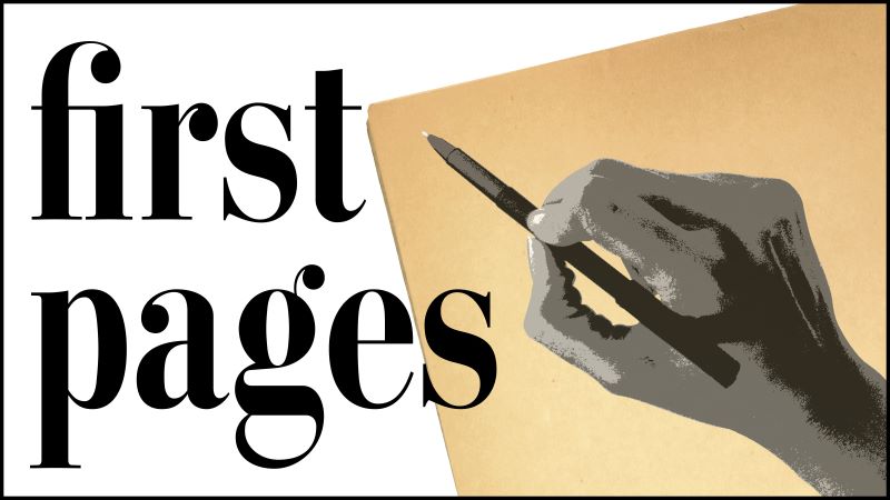 text: "First Pages" image: a right hand holding a pen above a piece of blank paper