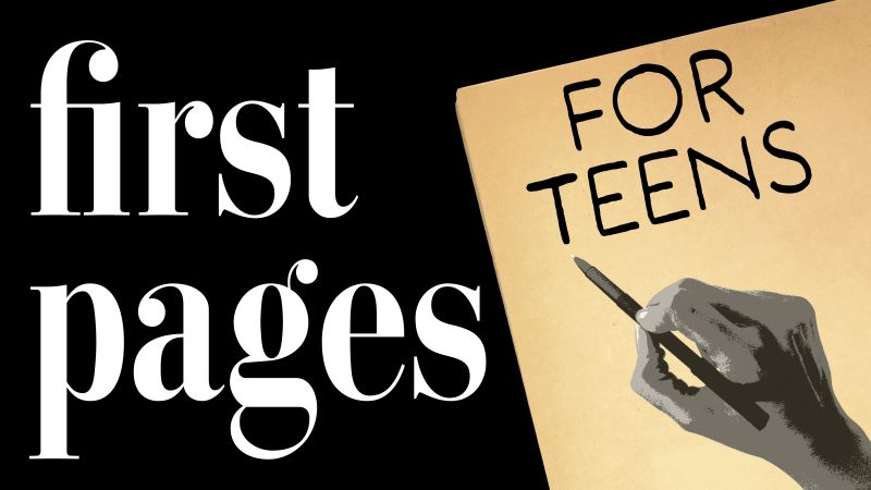 text: "First Pages for Teens" image: a right hand holding a pen above a piece of paper