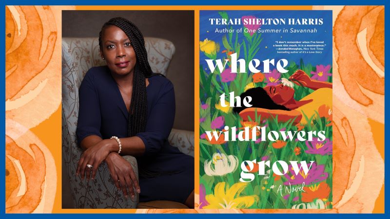 Author Terah Shelton Harris next to the cover of her book "Where the Wildflowers Grow"