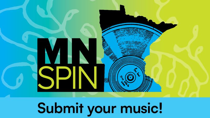 text: "MNSpin, submit your music!" image of the state of Minnesota with a vinyl record superimposed on it