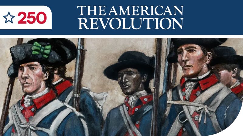 text: The American Revolution, image: a painting of Revolutionary War soldiers