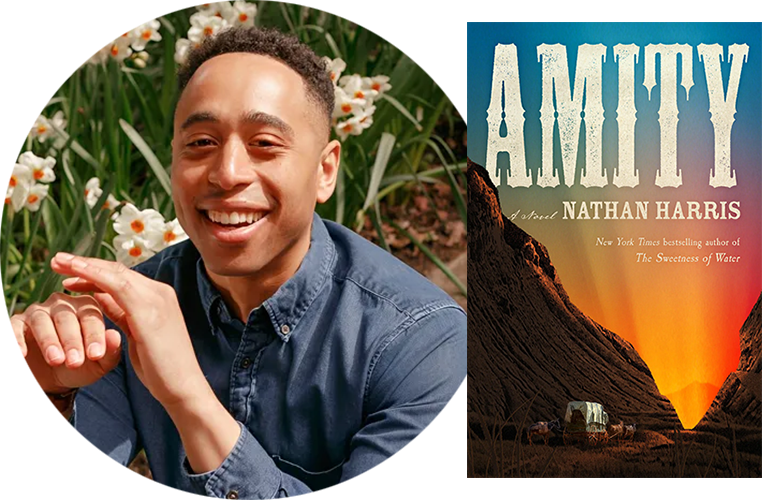 Author Nathan Harris next to the cover of his book "Amity"
