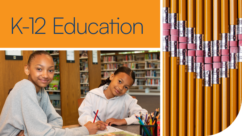 text: "K-12 Education" image: two children drawing at a table in the library