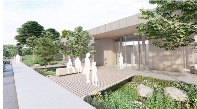 rendering of the front of the proposed design for the Westonka Library
