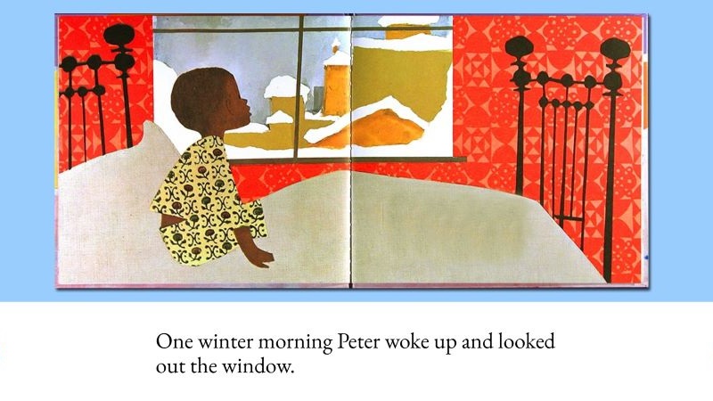 a boy sits up in bed, looking out the window, in "A Snowy Day" by Ezra Jack Keats