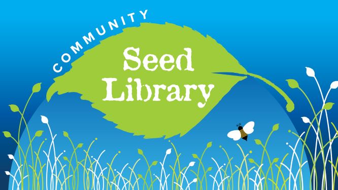 stylized image of grass and a bee with a large leaf overhead. The words Community Seed Library are on the leaf.