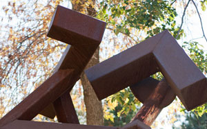 Detail view of a large metal sculpture outside