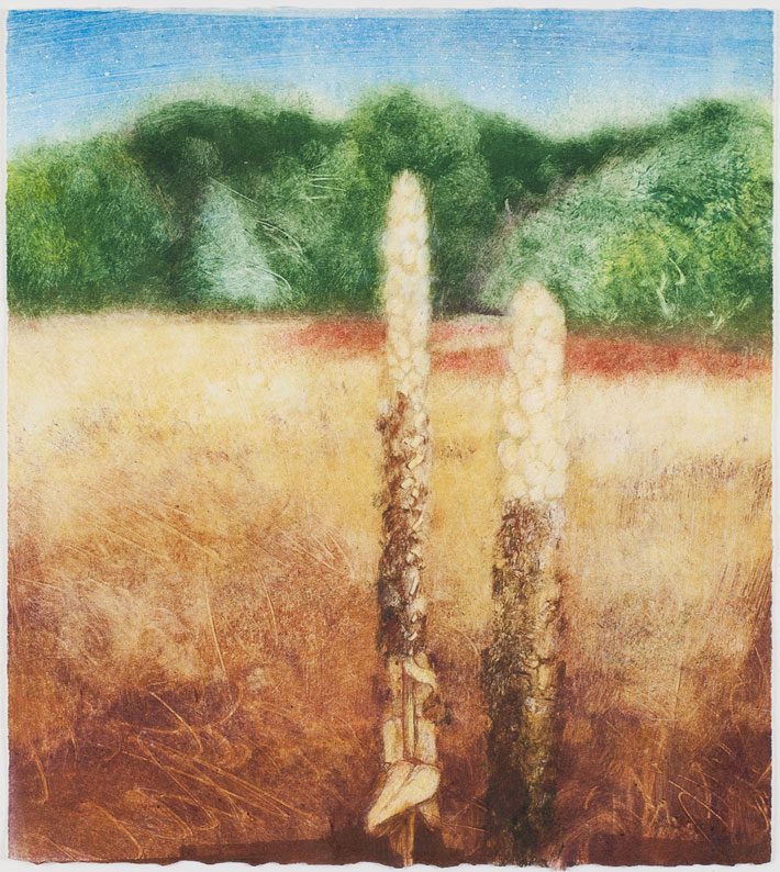Painting of two plants in a field with trees in the background