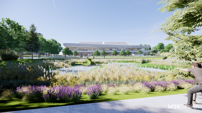 landscape highlighting native plants and a library building in the distance
